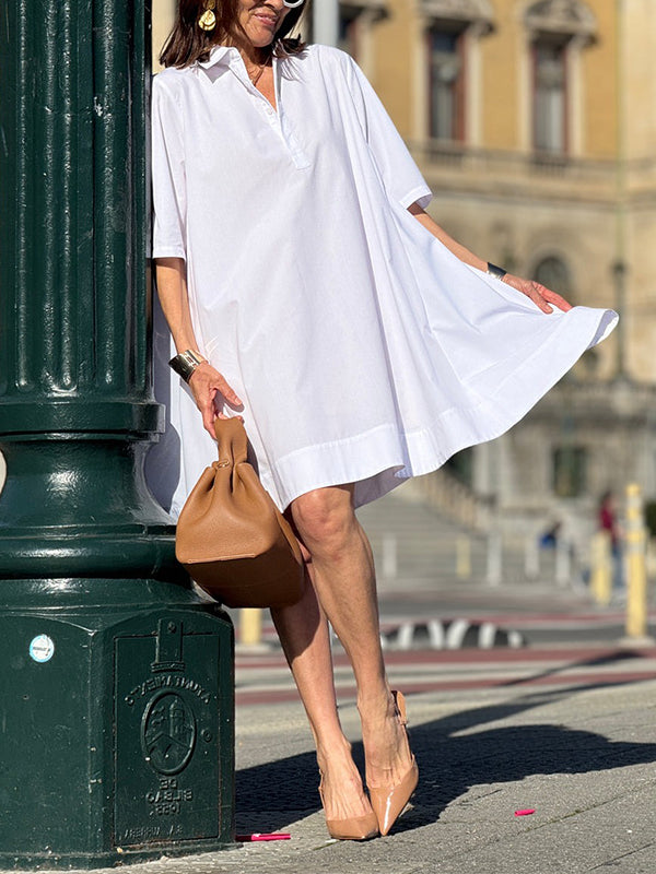 Robe chemise coupe trapèze, à manches courtes, à empiècements, à col revers, couleur unie