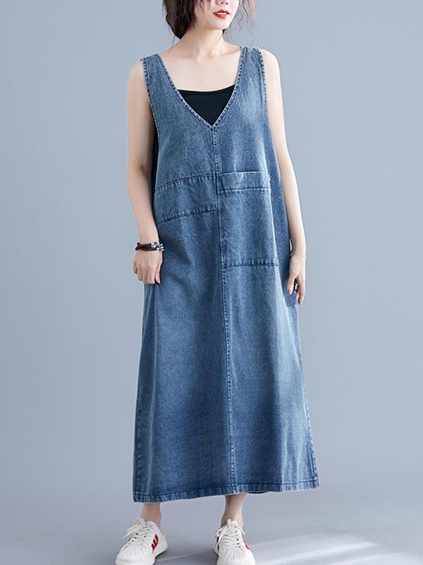 Robe mi-longue ample sans manches, en jean, à col en V