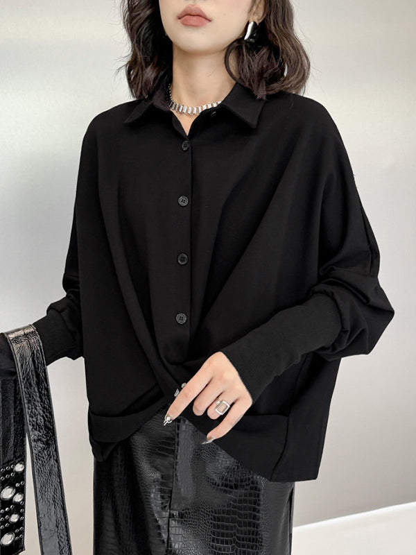 Chemisier tendance boutonné à coupe irrégulière et col revers torsadé, couleur unie