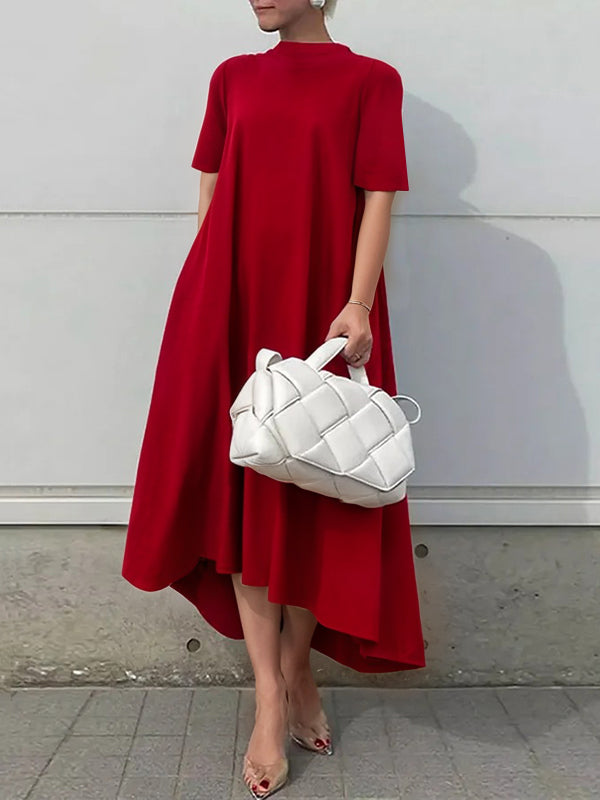 Robe longue à ourlet plongeant, à manches courtes, couleur unie