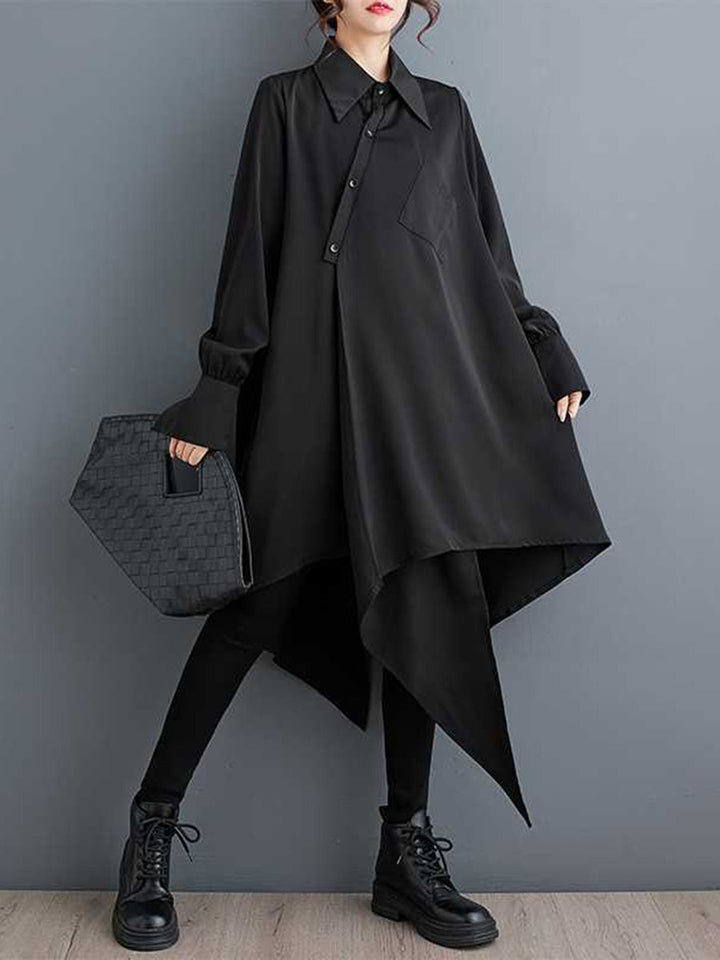Robe chemise boutonnée à coupe irrégulière, à manches longues, à poches, à empiècements, à col revers, couleur unie