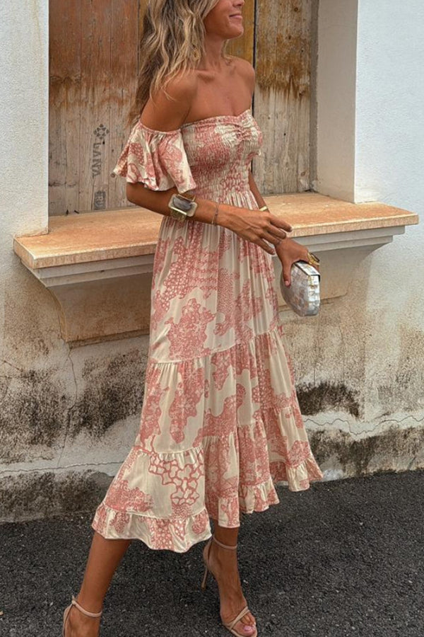 Robe midi avec décolleté épaule et imprimé romantique – Pitaya