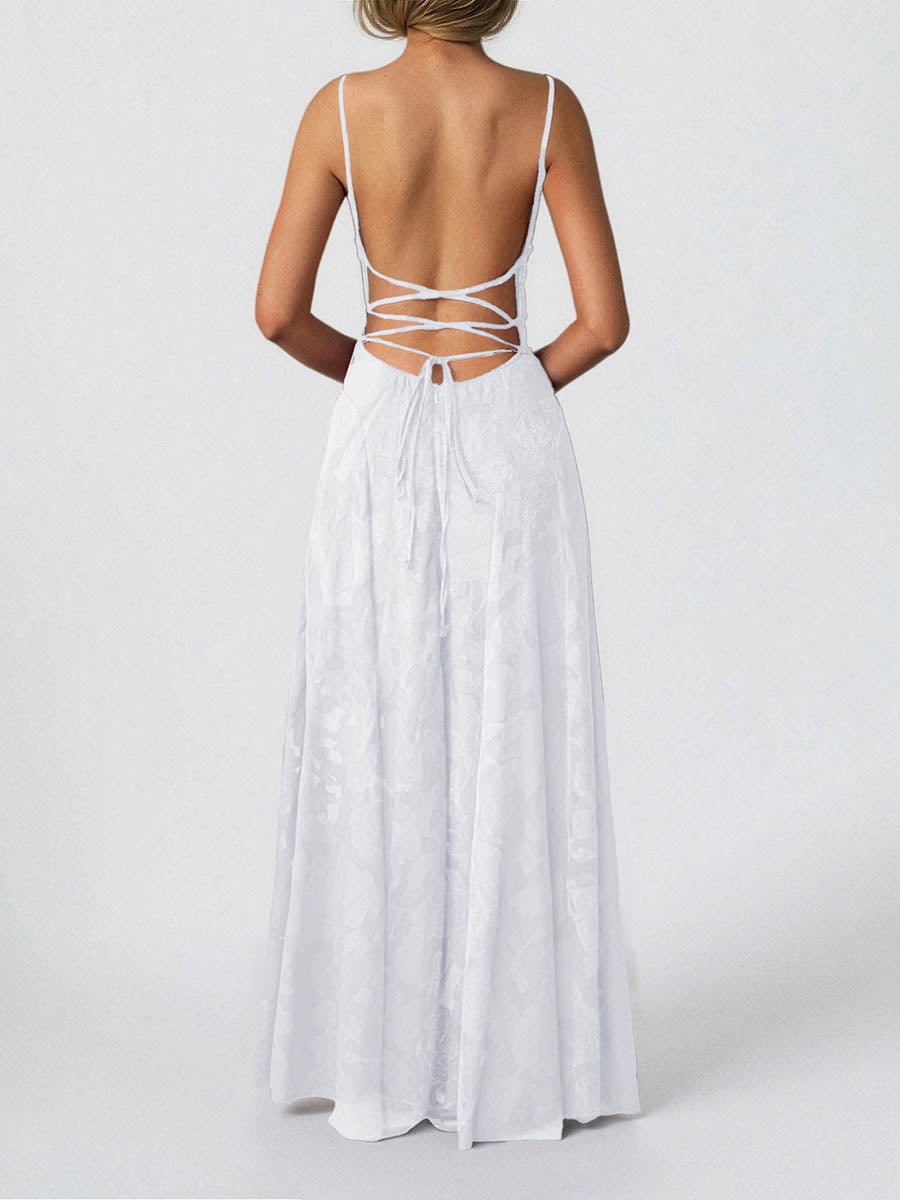 Robe longue plissée coupe trapèze, taille haute, en jacquard, à fines bretelles, couleur unie