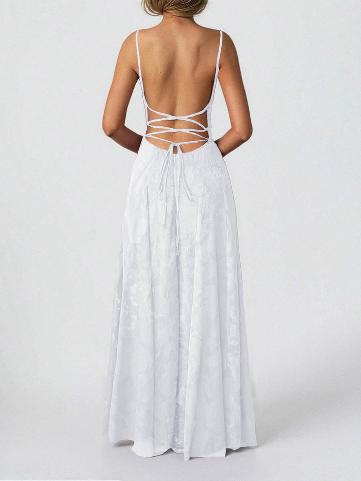 Robe longue plissée coupe trapèze, taille haute, en jacquard, à fines bretelles, couleur unie