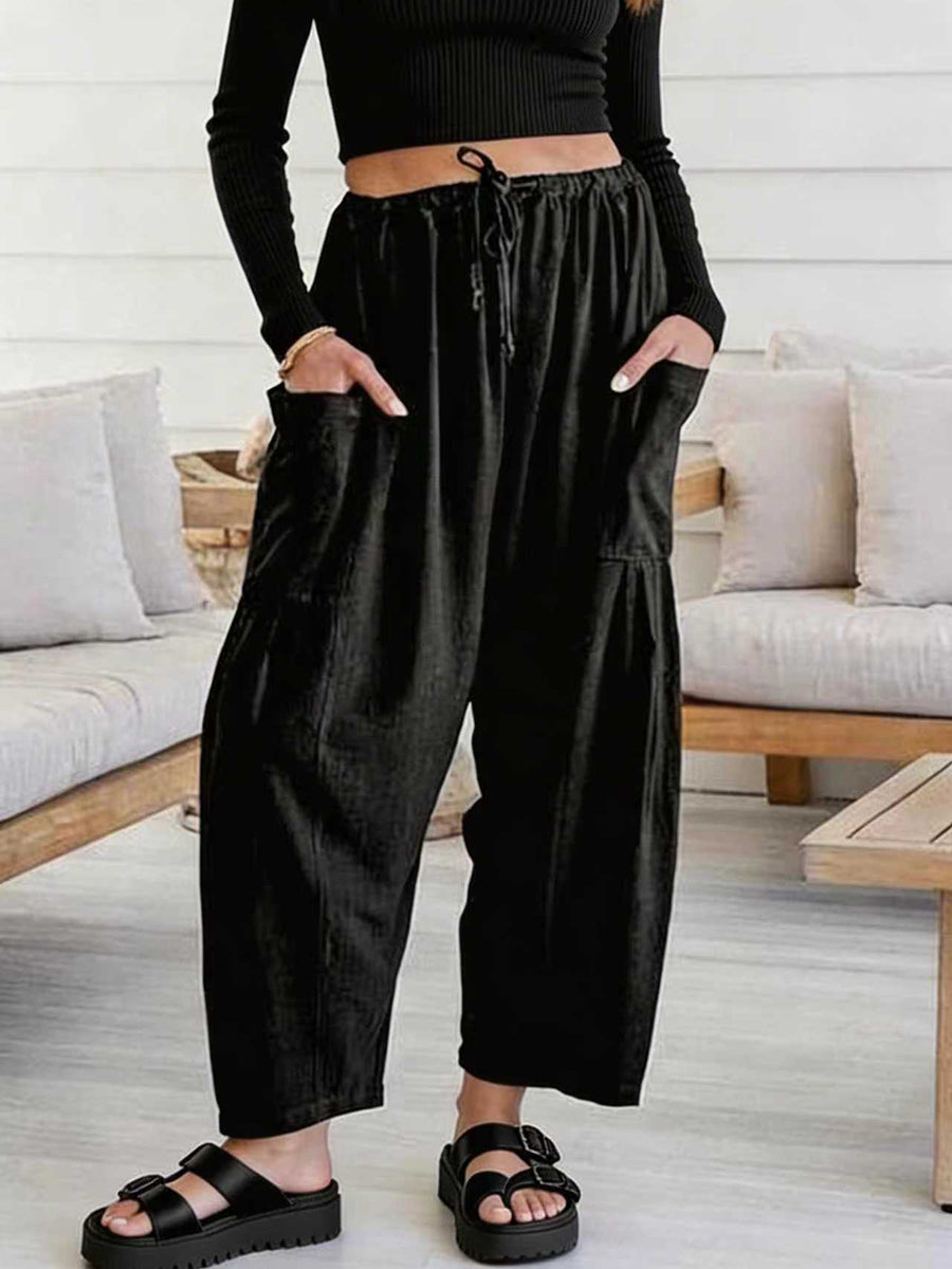 Pantalon ample décontracté coupe droite, à taille élastique, à poches, couleur unie