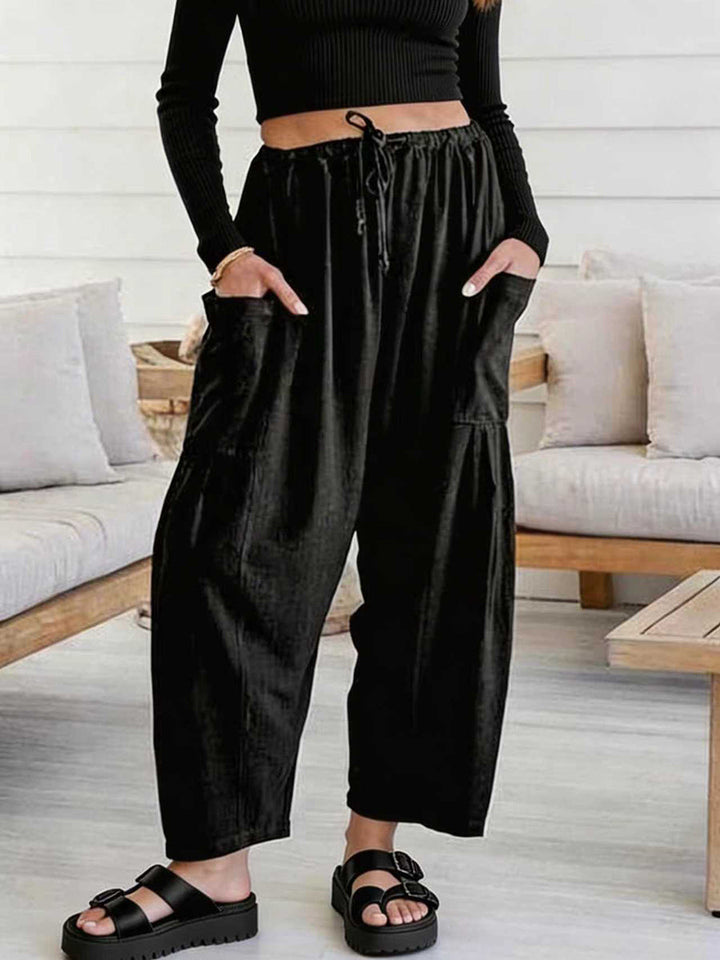 Pantalon ample décontracté coupe droite, à taille élastique, à poches, couleur unie