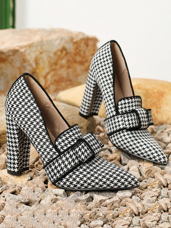 Escarpins à nœud, à motif pied-de-poule, à bout pointu, à empiècements