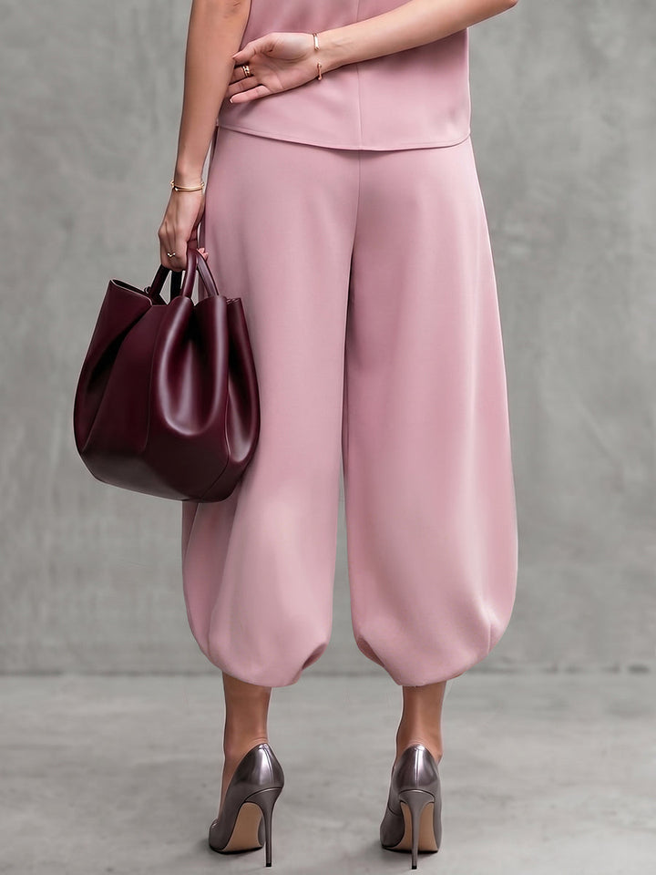 Pantalon court plissé taille haute, à poches, couleur unie