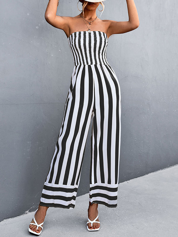 Combinaison ample rayée sans manches, à taille élastique, bustier, couleur contrastée