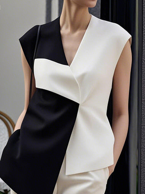 Débardeur ample asymétrique sans manches, à col en V, couleur contrastée