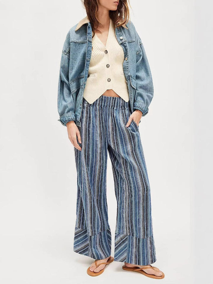 Pantalon imprimé rayé à taille élastique, taille haute, à empiècements, couleur contrastée