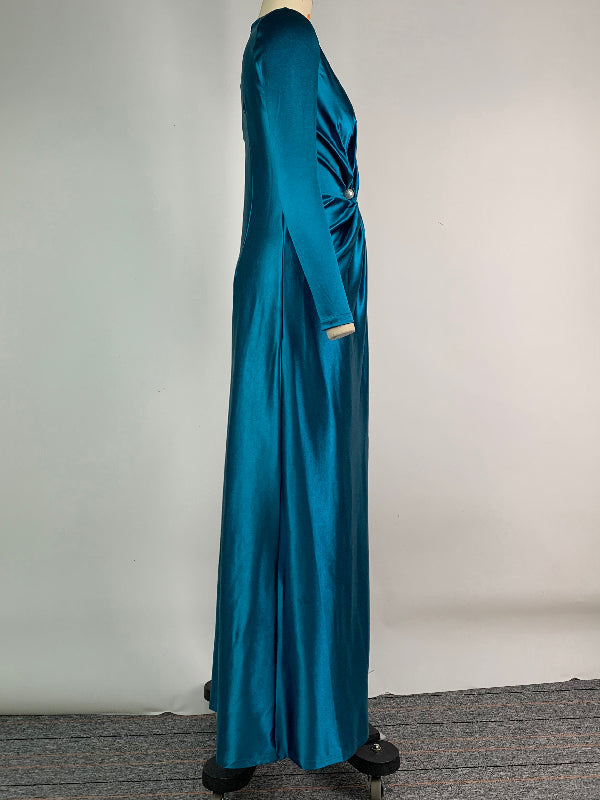 Robe longue moulante plissée fendue devant à manches longues, à taille nouée, à décolleté en V profond, couleur unie