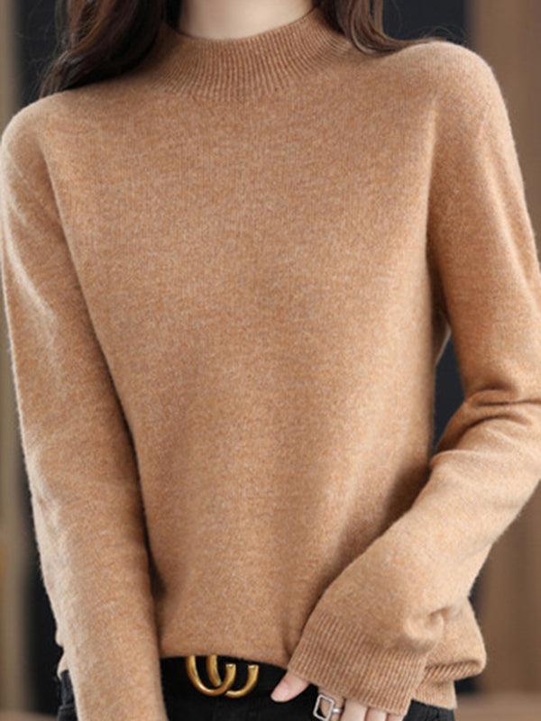 Pull de bureau à manches longues, couleur unie, col haut, pulls