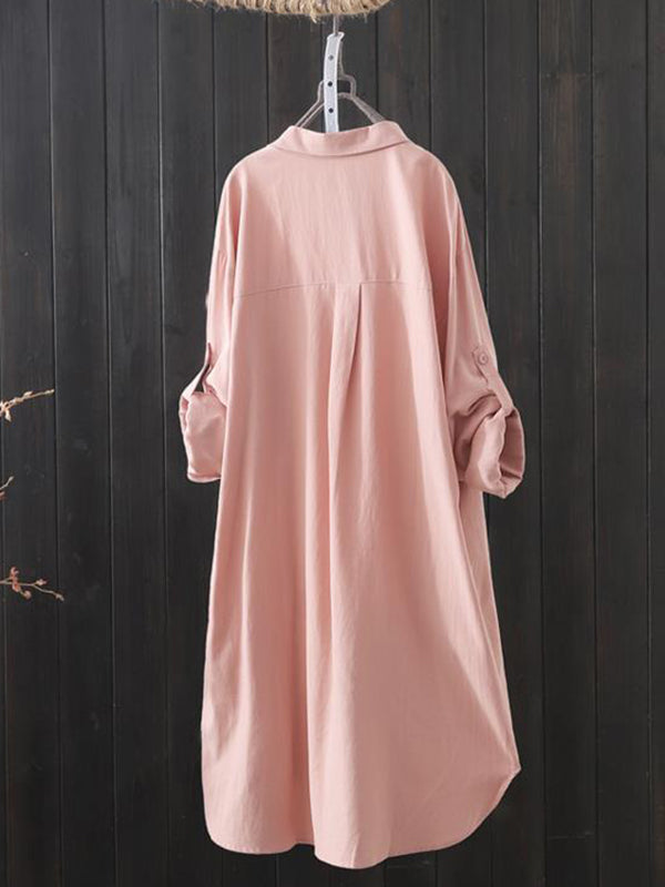 Chemise à ourlet plongeant, à manches longues, à col revers, couleur unie