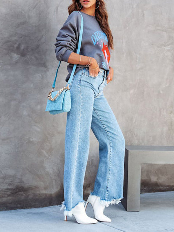 Jean taille haute, à jambes droites, à franges, à empiècements