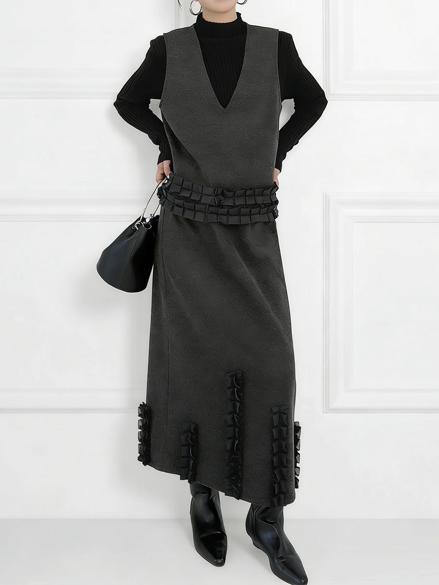 Ensemble deux pièces volanté plissé à empiècements, à col en V, à taille élastique, taille haute, couleur contrastée – débardeur + jupe