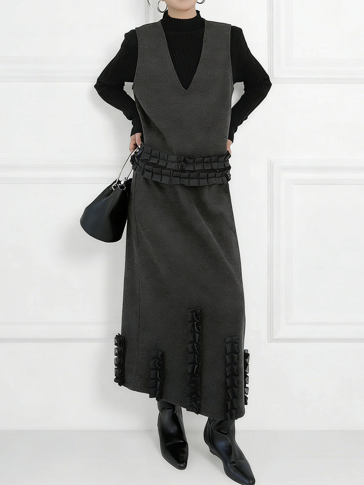 Ensemble deux pièces volanté plissé à empiècements, à col en V, à taille élastique, taille haute, couleur contrastée – débardeur + jupe