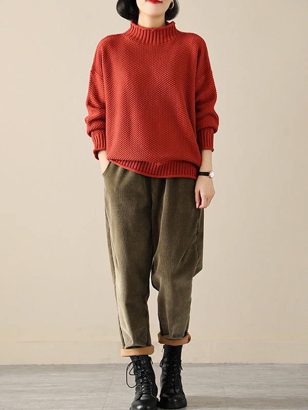 Pull décontracté ample à manches longues, à col haut, couleur unie