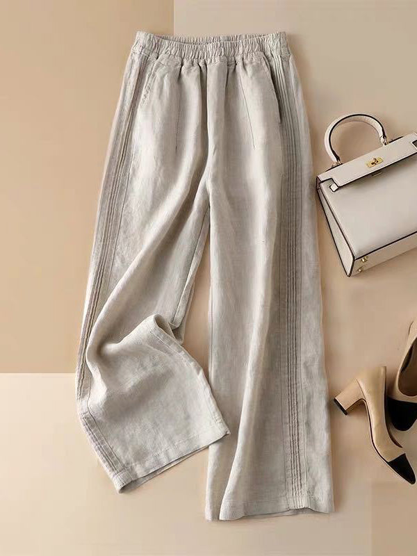 Pantalon ample décontracté à jambes larges en coton ramie à volants