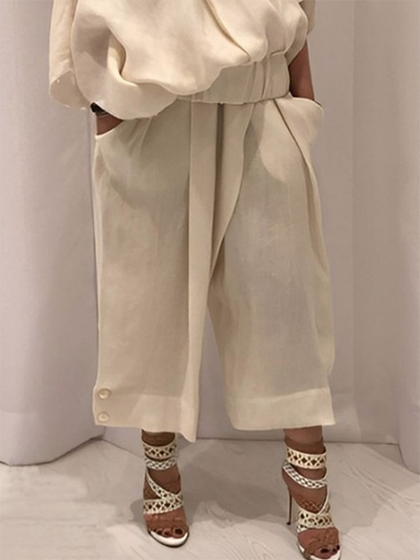 Pantalon ample boutonné décontracté à jambes larges, couleur unie