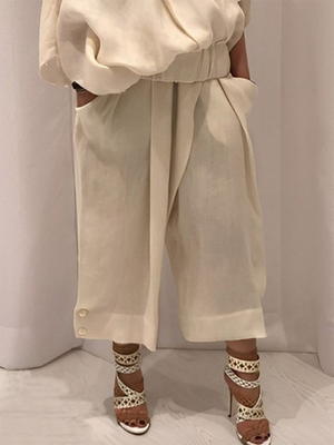 Pantalon ample boutonné décontracté à jambes larges, couleur unie