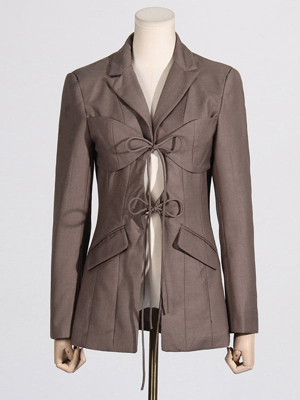 Blazer ample noué à manches longues, à poches, à col cranté, couleur unie