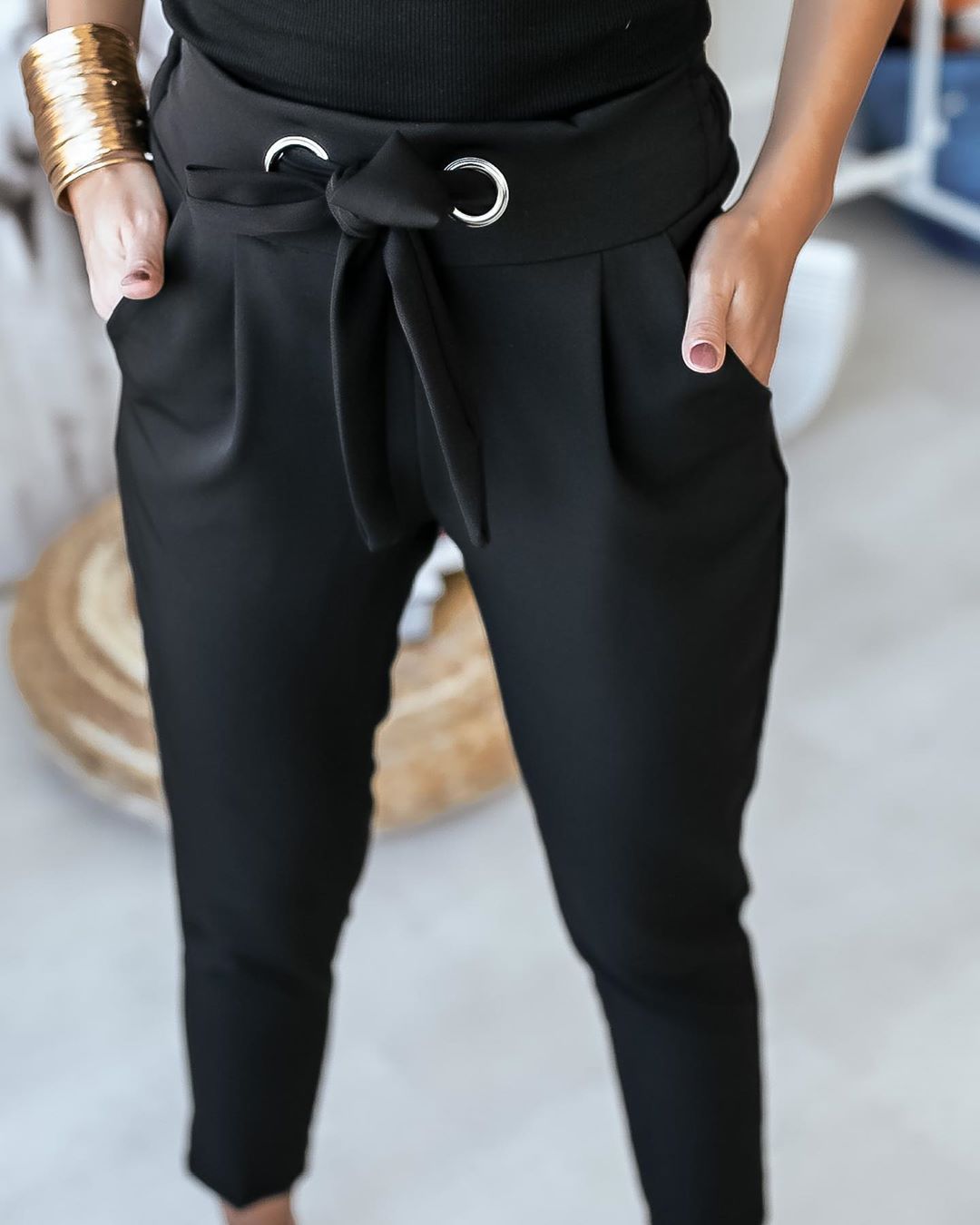 Ceinture à cravate pour femmes Pantalon slim en tissu