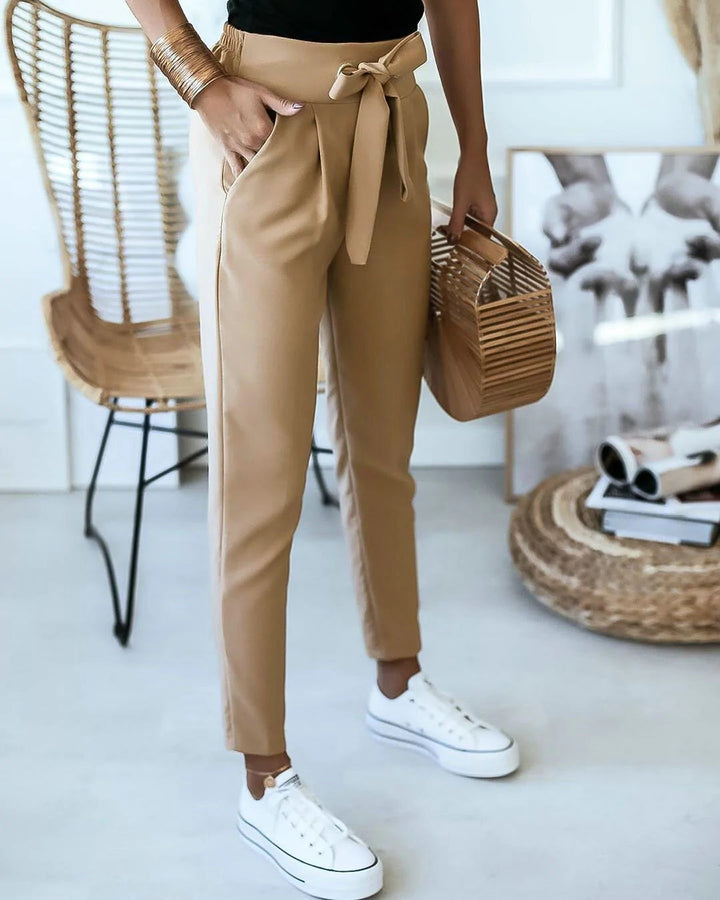 Ceinture à cravate pour femmes Pantalon slim en tissu