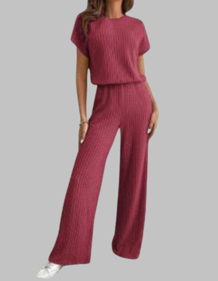 Paula | Ensemble en maille côtelée pour femmes, top à manches courtes et pantalon large décontracté