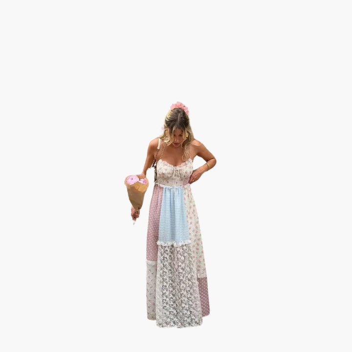 Robe Maxikleid Patchwork - Robe d'été pour femmes avec bretelles spaghetti