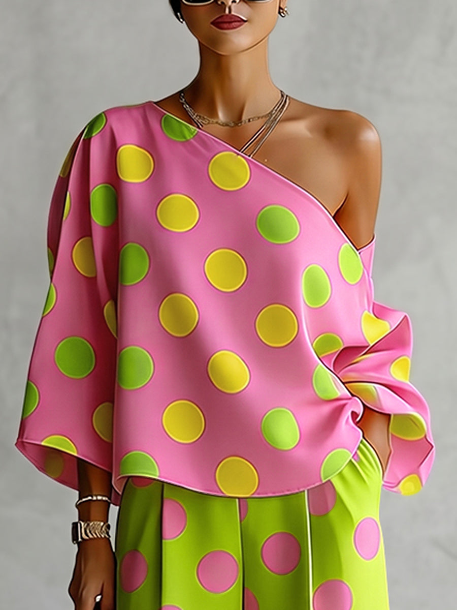 Chemise ample à manches longues, à pois, asymétrique à une épaule