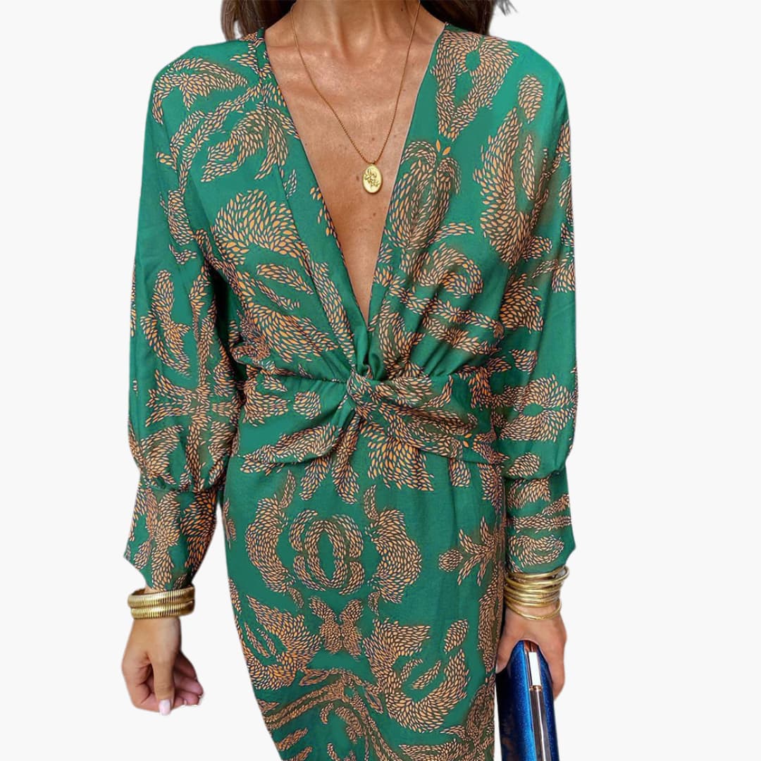 Robe midi pour femmes - Motif floral, manches longues & décolleté en V