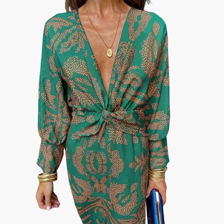 Robe midi pour femmes - Motif floral, manches longues & décolleté en V