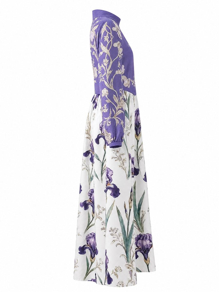Robe longue froncée boutonnée ample à empiècements, à poches, à imprimé floral, à manches longues, à col montant, couleur contrastée