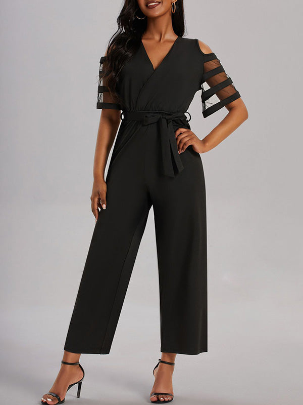 Combinaison ample ajourée taille haute, en résille, à taille nouée, à col en V, couleur unie