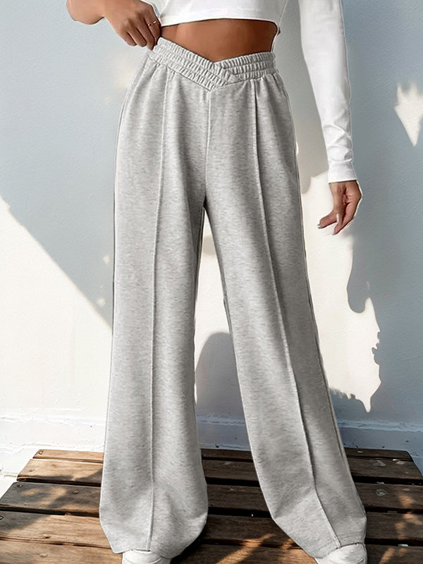 Pantalon ample taille haute, à taille élastique, couleur unie