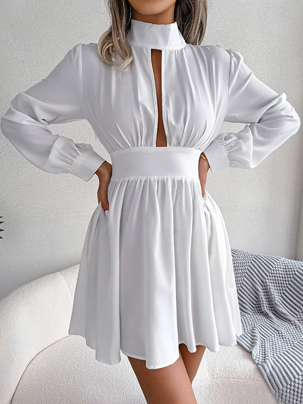 Robes courtes trapèze taille élastique creuse, couleur unie, fermeture éclair, demi-col roulé