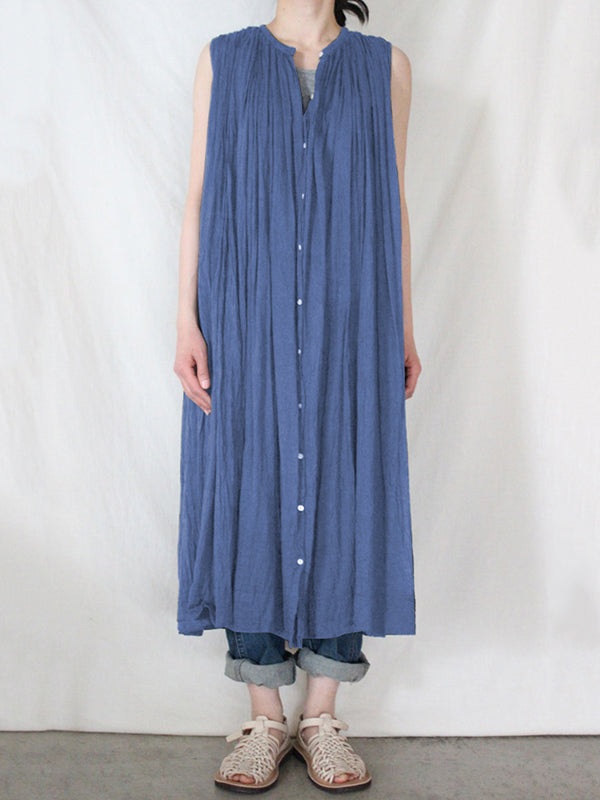 Robe mi-longue ample plissée transparente sans manches, à col rond