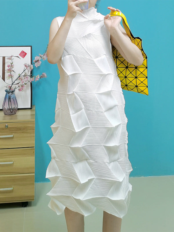 Robe mi-longue décontractée plissée sans manches, à coupe irrégulière, à col montant, couleur unie