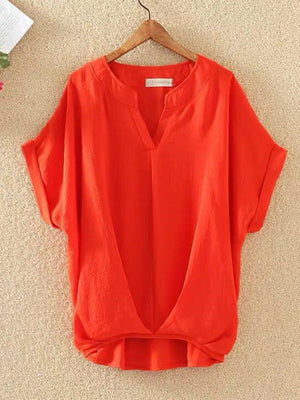 T-shirt ample plissé grande taille, à col en V, couleur unie