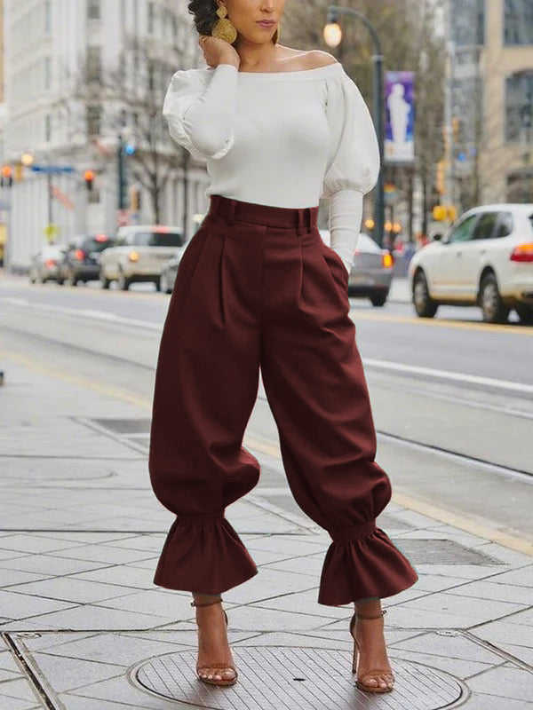 Pantalon plissé taille haute, à poches, à bordure volantée, couleur unie