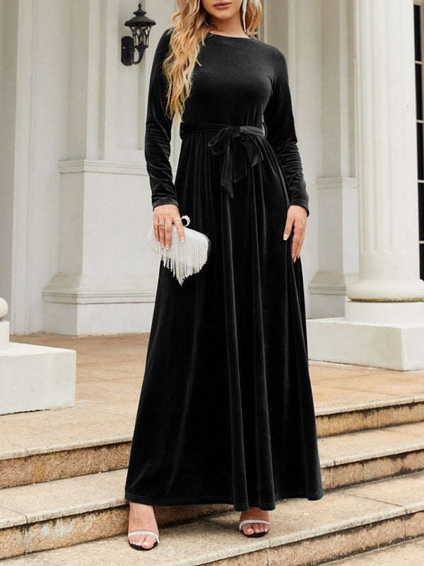 Robe longue plissée à manches longues, coupe portefeuille, avec ceinture, à fermeture éclair, à col rond, couleur unie
