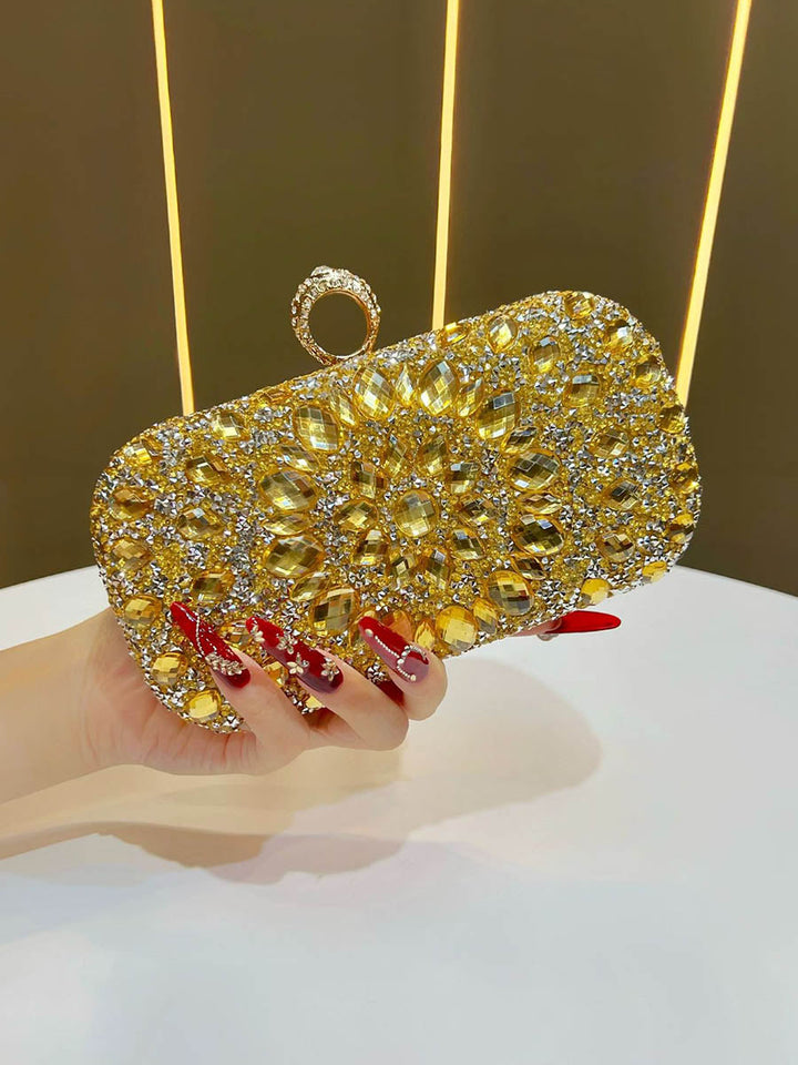 Pochette de soirée géométrique brillante à chaîne, à cadenas, à strass