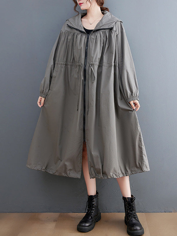 Trench-Coat décontracté à capuche, couleur unie, ample, fermeture éclair, cordon de serrage, manches longues
