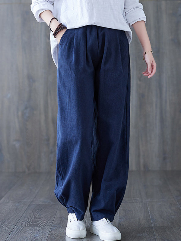 Pantalon simple ample décontracté à jambes larges, à taille élastique, couleur unie