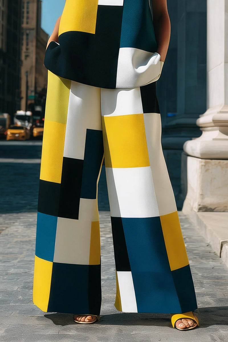 Pantalon ample taille haute, à poches, à empiècements, couleur contrastée