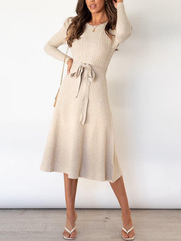 Robe pull taille haute, à manches longues, à taille nouée, à col rond, couleur unie