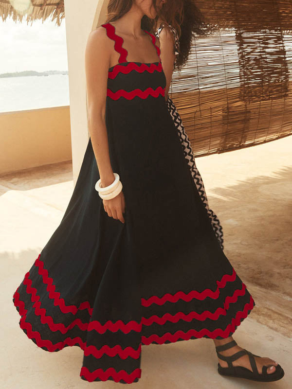 Robe mi-longue coupe trapèze, taille haute, à fermeture éclair, à col carré, couleur contrastée