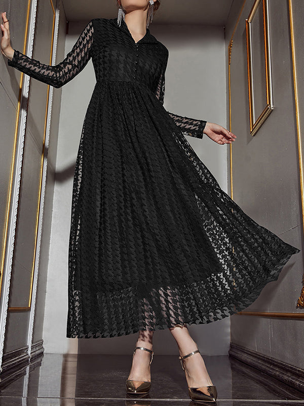 Robe longue boutonnée transparente taille haute, à manches longues, en gaze, à col en V, couleur unie