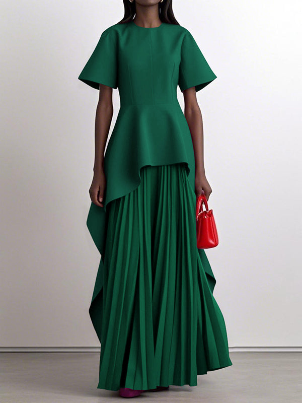 Robe longue plissée coupe trapèze, taille haute, à empiècements, à col rond, couleur unie